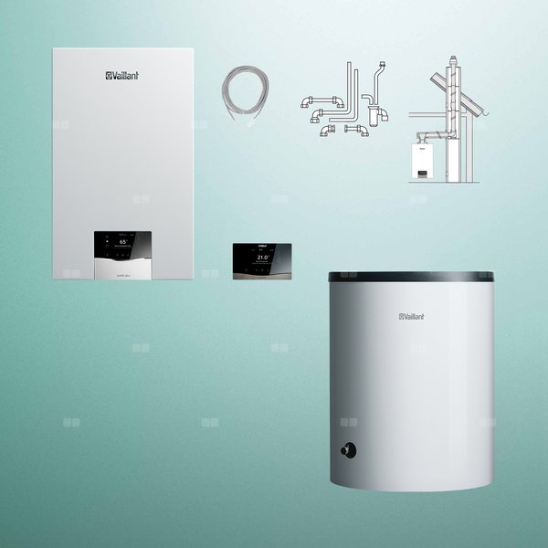 Pakiet - Kocioł gazowy jednofunkcyjny VAILLANT ecoTEC plus VC 15CS/1-5 kondensacyjny wiszący 2.8 - 16.4 kW + RegulatorsensoCOMFORT 720f + Zestaw powietrzno-spalinowy szachtowy + Zasobnik c.w.uVIH R 120/6 B