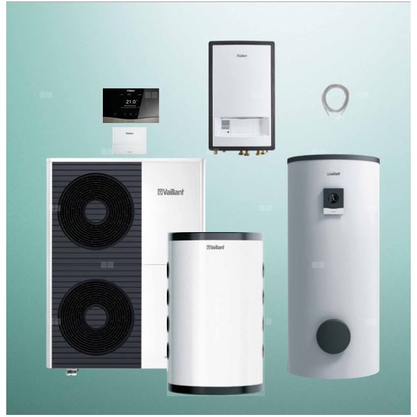 Pakiet Systemowy OZE - Pompa ciepła powietrze-woda split VAILLANT VWL 125/5AS aroTHERM 11.9 kW 400 V + Moduł naścienny VWL 127/5IS + Zasobnik c.w.u. VIH RW 400/3BR + Zasobnik buforowy VP RW 100 + Regulator sensoCOMFORT VRC 720 + Moduł komunikacji internetowej VR 940f
