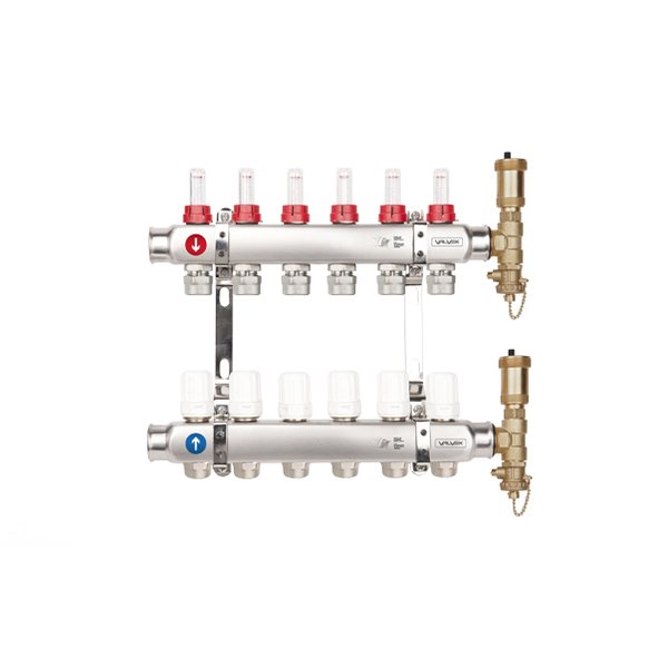 Rozdzielacz hydrauliczny VALVEX Base Inox K5 PLUS-12 stal nierdzewna, odgałęzień: 12 (3/4'') + zawory termostatyczne + przepływomierze