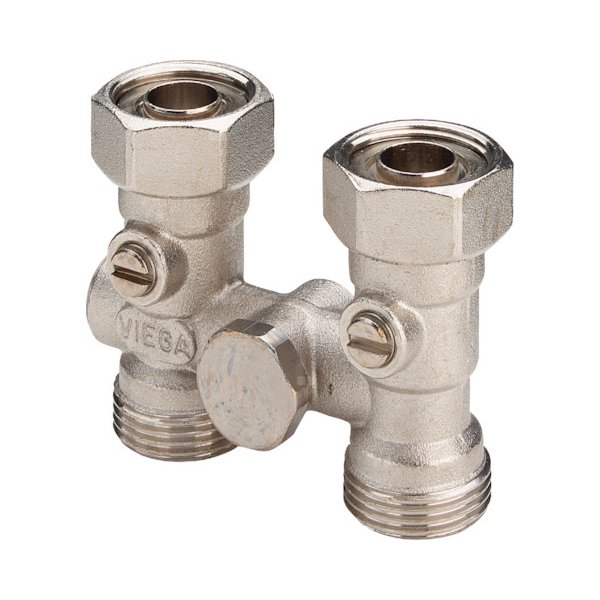 Moduł przyłączeniowy prosty kątowy VIEGA 10960 mosiądz (niklowanie) 3/4'' zewnętrzne x 3/4'' Eurokonus, rozstaw 50 mm do grzejników