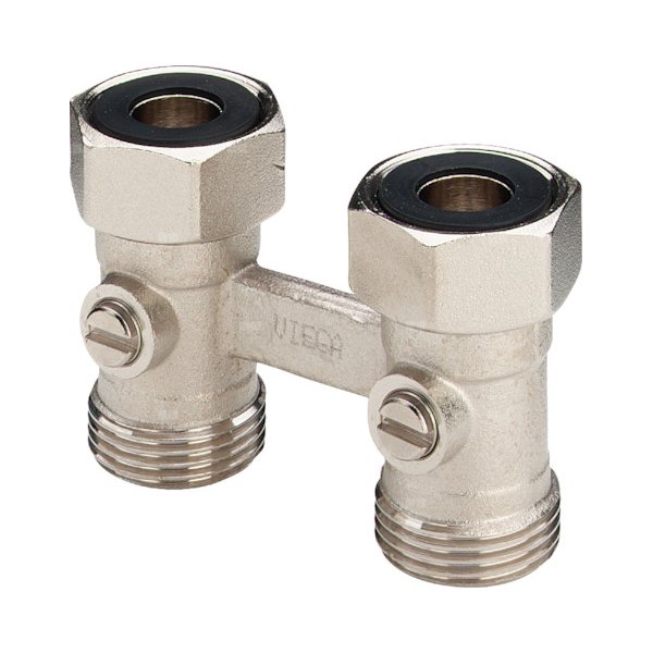 Moduł przyłączeniowy prosty VIEGA 10965 mosiądz (niklowanie) 3/4'' zewnętrzne x 3/4'' Eurokonus, rozstaw 50 mm do grzejników