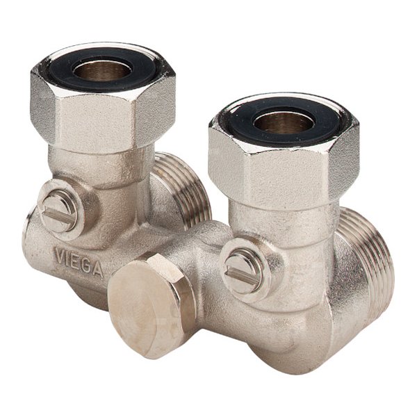 Moduł przyłączeniowy VIEGA 10970 mosiądz (niklowanie) 3/4'' zewnętrzne x 3/4'' Eurokonus, rozstaw 50 mm do grzejników