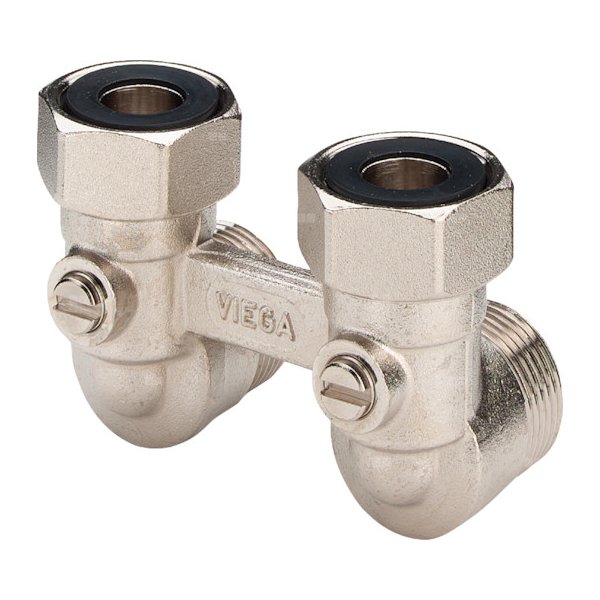 Moduł przyłączeniowy kątowy VIEGA 10975 mosiądz (niklowanie) 3/4'' zewnętrzne x 3/4'' Eurokonus, rozstaw 50 mm do grzejników