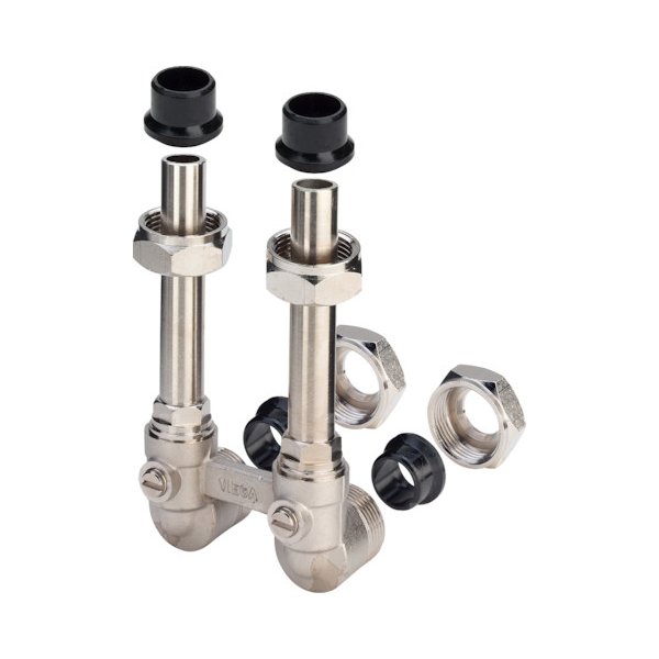 Moduł przyłączeniowy kątowy VIEGA 10977 mosiądz (niklowanie) 3/4'' wewnętrzne x 15 mm, rozstaw 50 mm do grzejników