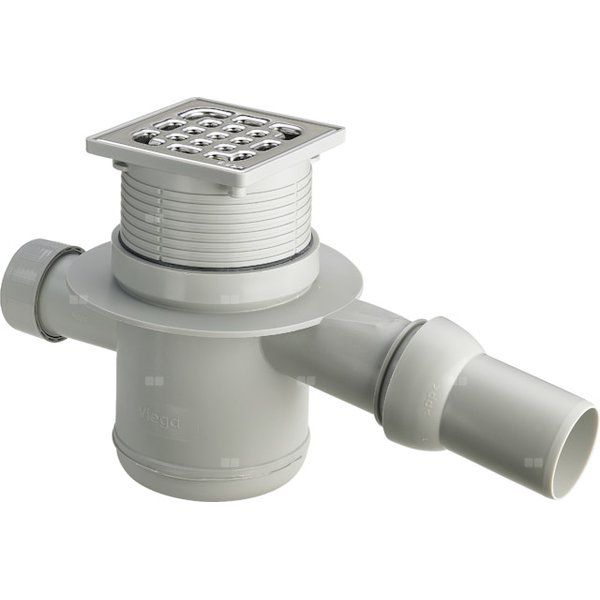 Wpust VIEGA 49214 z 1 przyłączem DN 50, odpływ pionowy, kratka 100x100mm stal