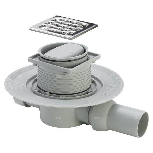 Wpust VIEGA 49362 z 1 przyłączem DN 50, odpływ pionowy, kratka 100x100mm stal