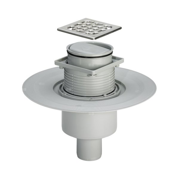 Wpust VIEGA 49363 z 1 przyłączem DN 50, odpływ poziomy, kratka 100x100mm stal