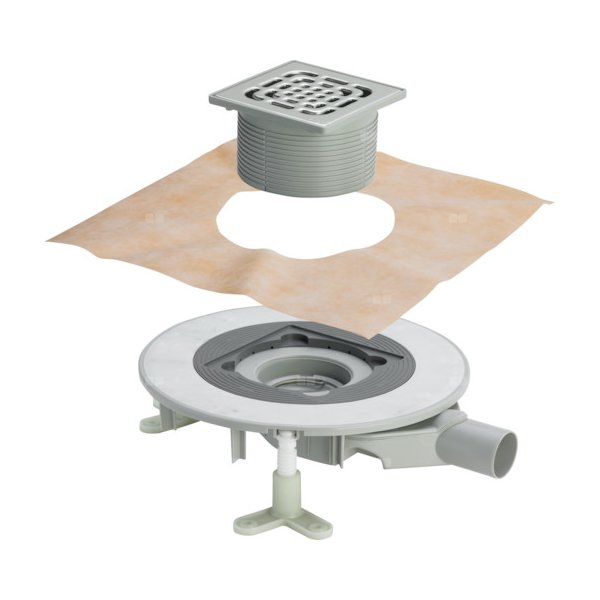 Wpust VIEGA 491421 z 1 przyłączem DN 50, odpływ pionowy, kratka 150x150mm stal