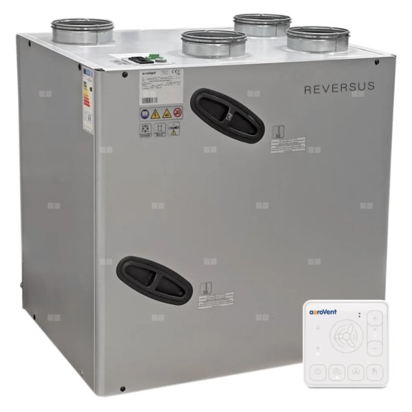 Rekuperator Reversus 600+ z panelem Wi-Fi, z entalpicznym wymiennikiem przeciwprądowym (wydatek 580 m³/h), z by-passem, z nagrzewnicą wstępną, z uchwytami mocującymi do ściany