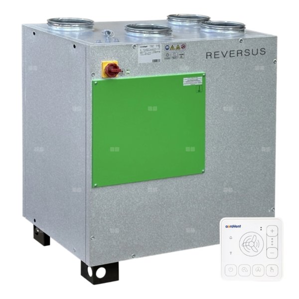 Rekuperator Reversus 650+ z panelem Wi-Fi, z entalpicznym wymiennikiem przeciwprądowym (wydatek 650 m³/h), z by-passem, z nagrzewnicą wstępną, z podstawą do montażu na podłodze