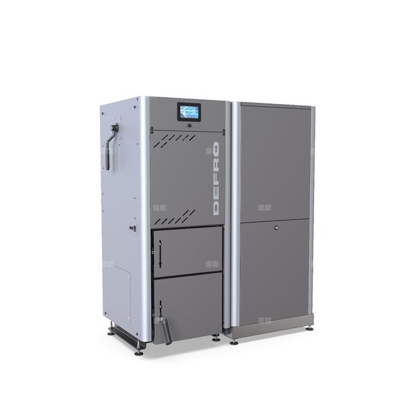 GAMMA 10 P - kocioł na pellet o mocy 10 kW, z zasobnikiem pelletu o pojemności 190 litrów stojącym obok kotła, wersja prawa