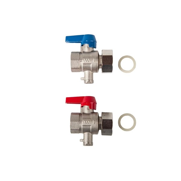 Zestaw zaworów kulowych, mosiądz, z nakretkami i uszzcelkami, z tuleją pod czujnik temperatury ciepłomierza M10x1 BALL VALVE 1'' UN X 3/4''F, M10X1, NI CKEL