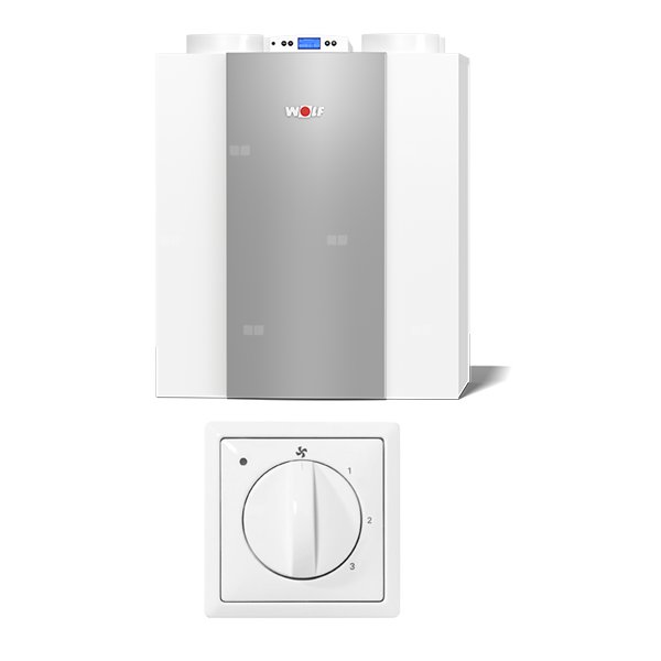 Rekuperator ścienny WOLF CWL-300 Excellent L E0 (wersja lewa) + 4-stopniowy przełącznik ze wskaźnikiem filtra 300 m3/h (100 Pa)