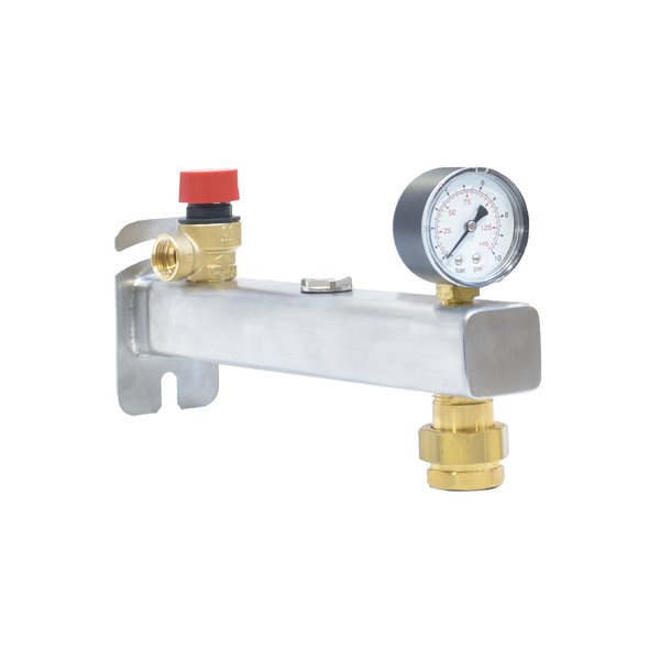 Grupa bezpieczeństwa INOX do c.w.u., 6 bar, z wyposażeniem, z szybkozłączem 3/4” do naczynia przeponowego (z manometrem i zaworem bezpieczeństwa 6 bar, z szybkozłączem 3/4”)
